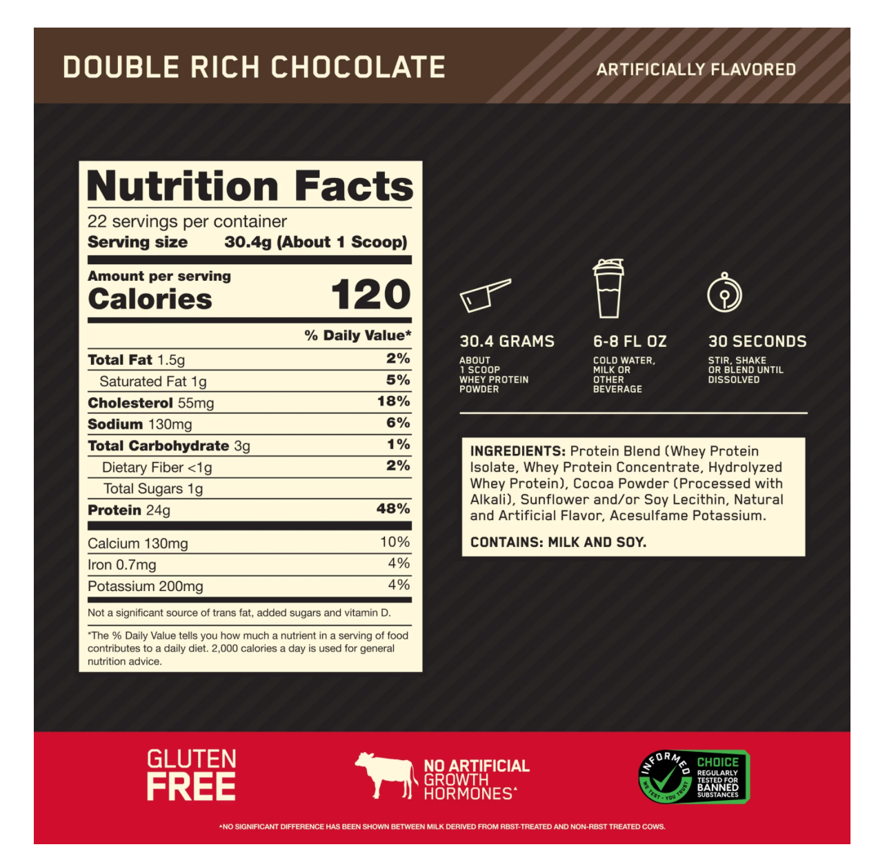 Optimum Nutrition, Gold Standard 100% Whey Protein Powder, Double Rich Chocolate 1.5lb Tub