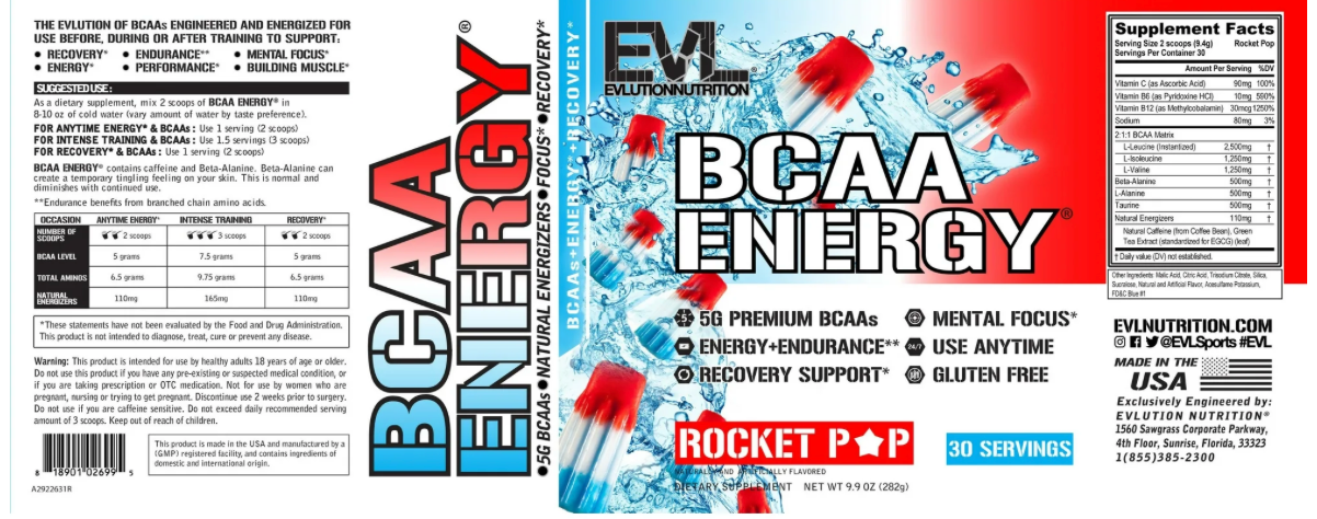Evlution Nutrition BCAA Energy Amino Acid Pre-Workout Powder - 30 Servings, Rocket Pop